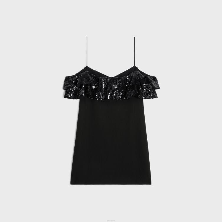 CELINE zwart mini-jurk met geborduurde ruches van marterwol 4TLH8658