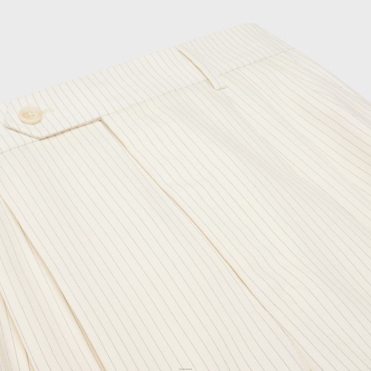 CELINE ivoor/zwart Drievoudig geplooide short van gestreepte wol 4TLH8878