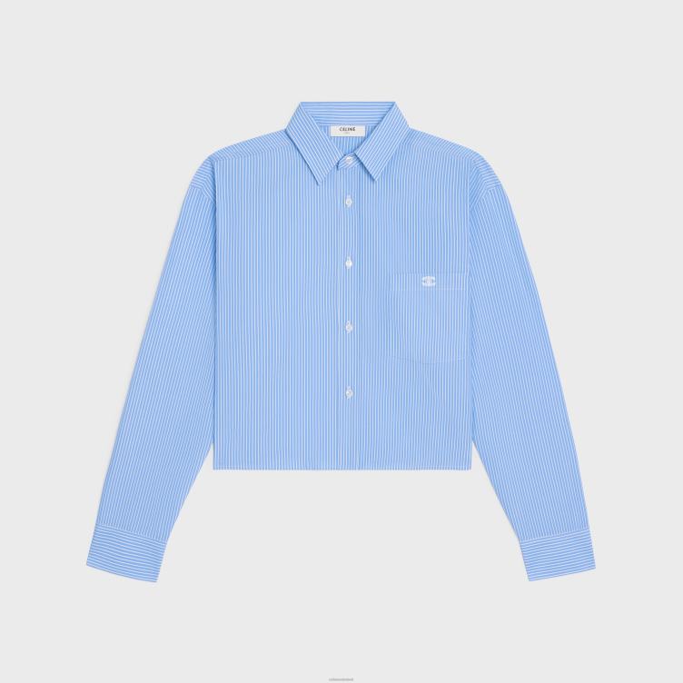 CELINE cieel/blanc Een cropped overhemd van gestreepte katoenen popeline 4TLH8835