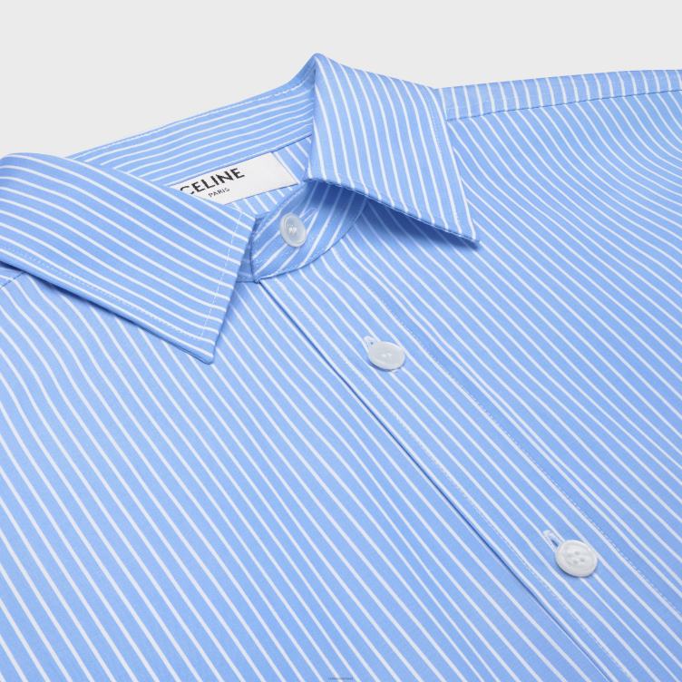 CELINE cieel/blanc Een cropped overhemd van gestreepte katoenen popeline 4TLH8835