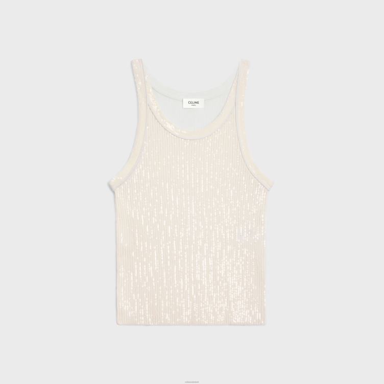 CELINE gebroken wit geborduurde tanktop van geribbelde zijde 4TLH8570