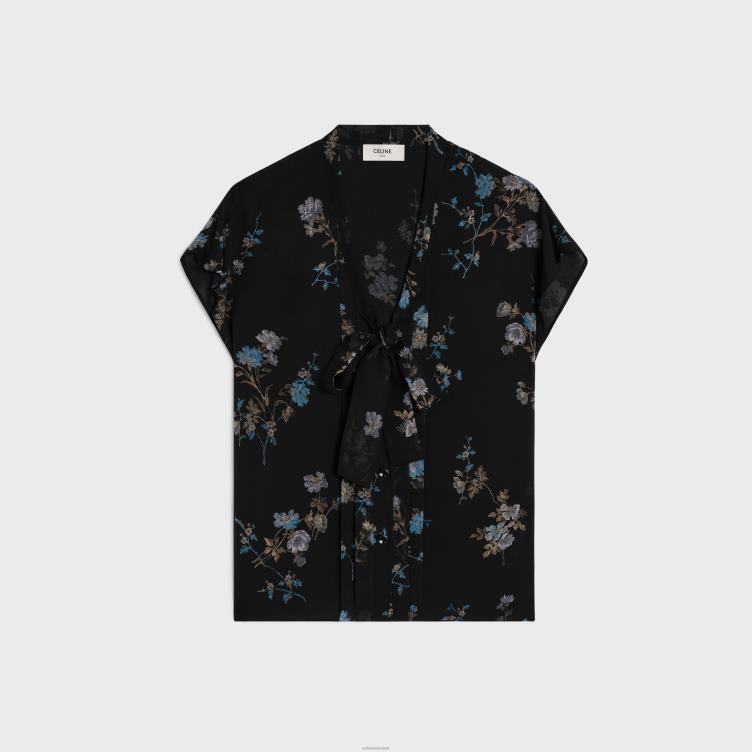 CELINE zwart/blauw Lavalliere blouse van zijde Georgette 4TLH8841