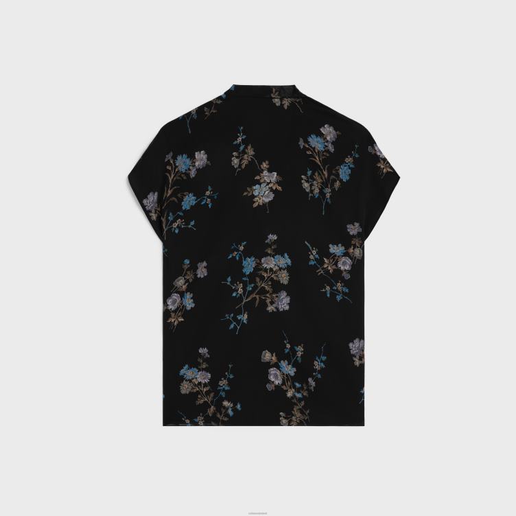 CELINE zwart/blauw Lavalliere blouse van zijde Georgette 4TLH8841