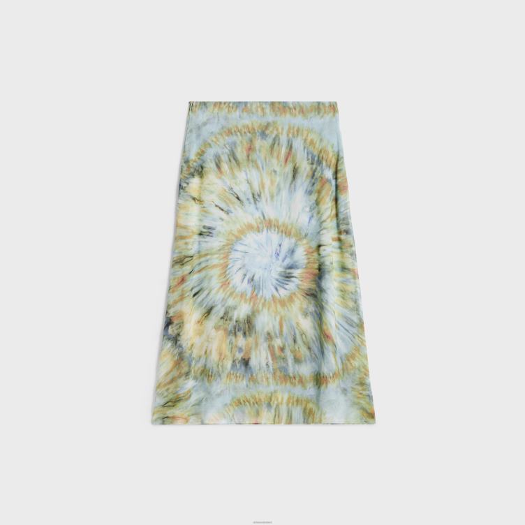 CELINE blauw grunge/terracotta/kaki midirok van zijde Georgette 4TLH8586