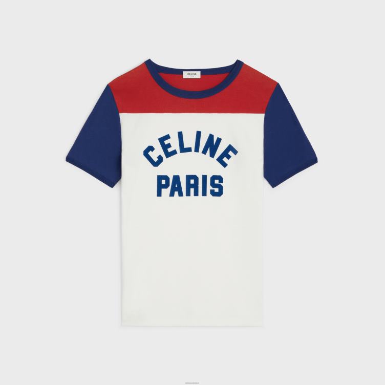 CELINE gebroken wit/blauw berlin/diep Parijs T-shirt uit de jaren 70 van katoenen jersey 4TLH8774